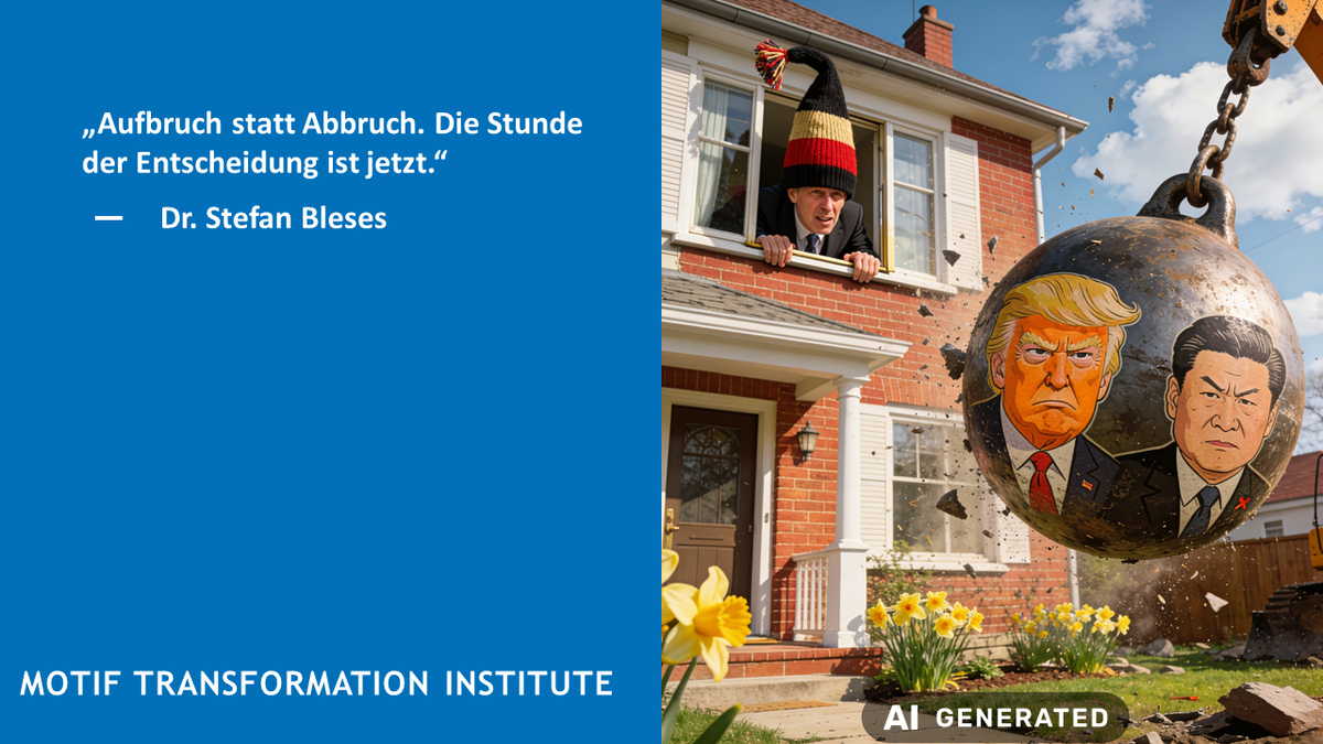 Blogbild 64 „KI-generiertes Bild: Ein Mann mit Deutschland-Mütze blickt aus dem Fenster eines Hauses auf eine heranschwingende Abrisskugel mit karikierten Gesichtern von Donald Trump und Xi Jinping. Zitat: ‚Aufbruch statt Abbruch. Die Stunde der Entscheidung ist jetzt.‘ – Dr. Stefan Bleses, Motif Transformation Institute"